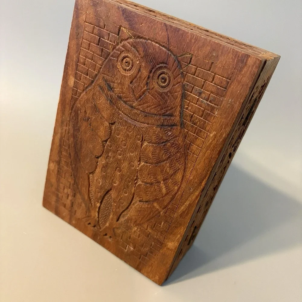 Vintage Owl Wood Hand Carved Jewelry Trinket Box Hinged India 7